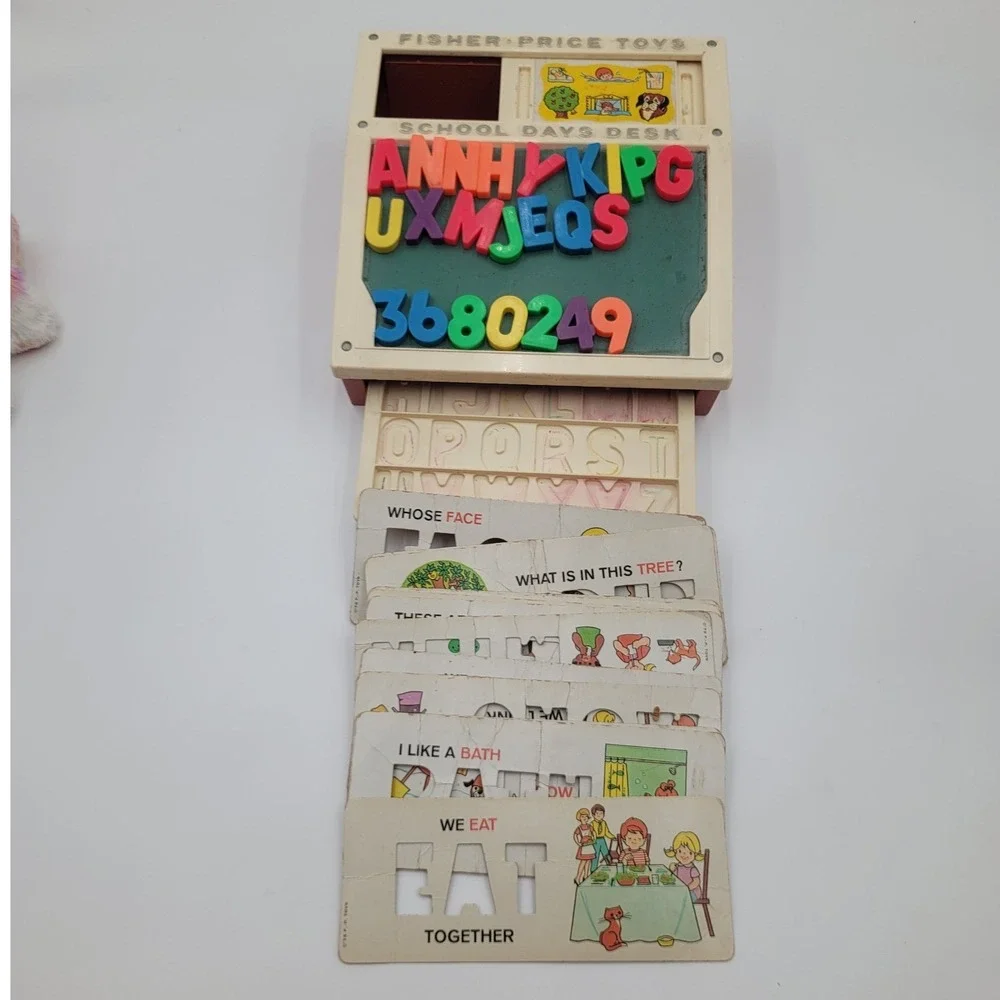 VTG 1972 Fisher-Price School Days Desk Magnetic Letters Numbers Stencil Cards